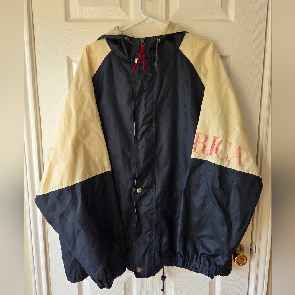 Perry Ellis Navy and Cream Colorblock Raincoat with Red Accent